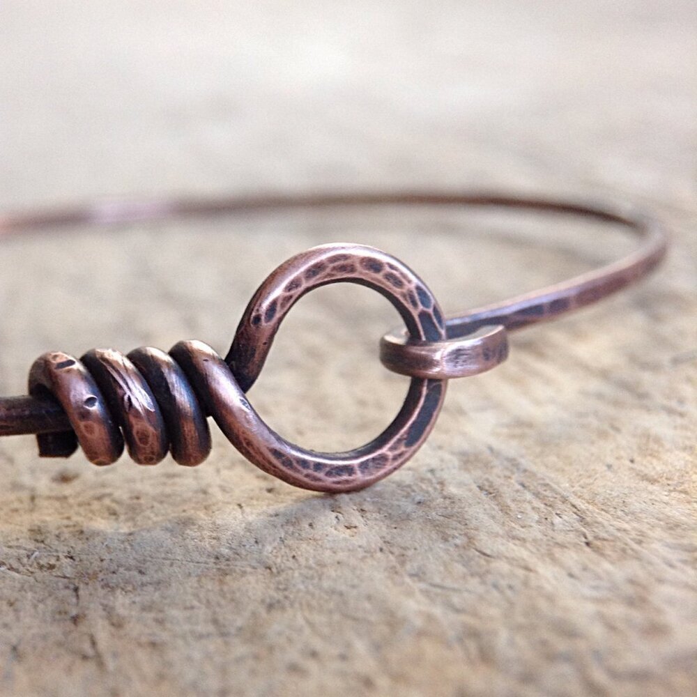 Antique Copper Hook & Eye Bangle Rustic Boho Unisex Bracelet - 8 inches